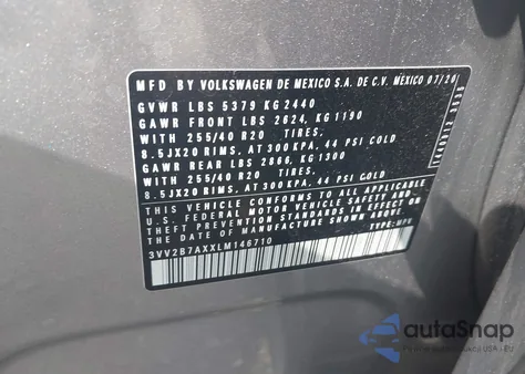 2020 Volkswagen Tiguan 2.0T Se/2.0T Se R-Line Black/2.0T Sel из США, поврежденный, VIN 3VV2B7AXXLM146710